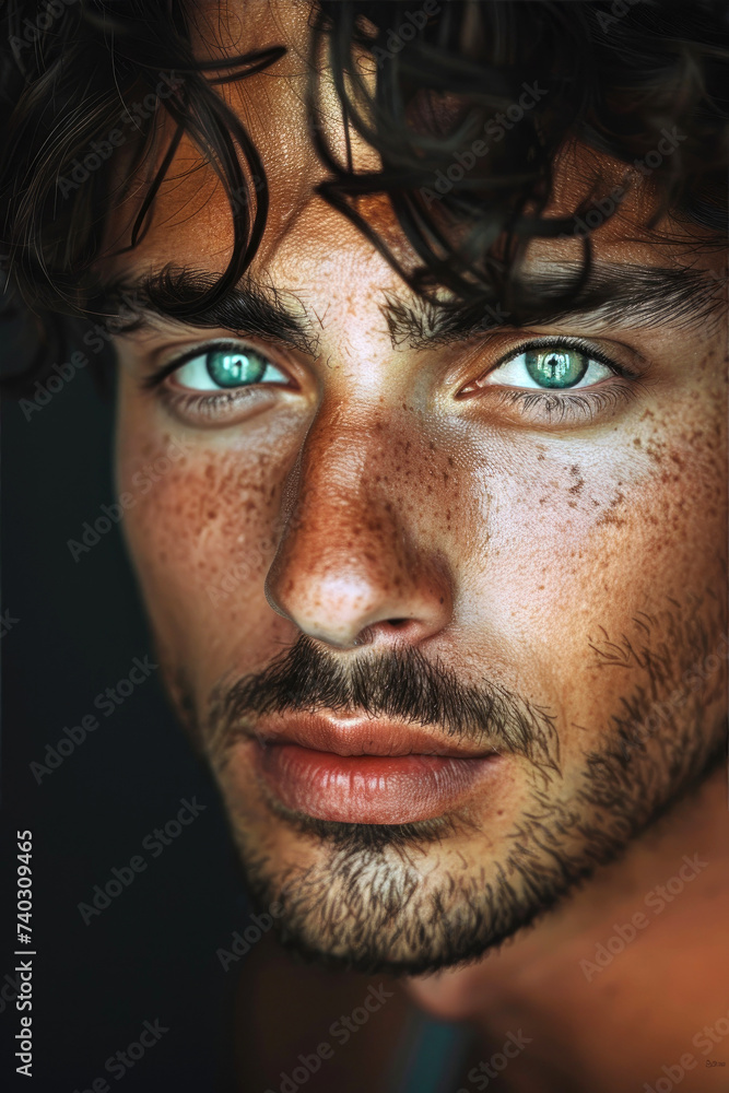 Fototapeta premium An attractive man with green eyes and trendy hairstyle is posing looking at a camera