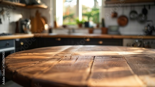 Rustic Wooden Table in a Cozy Sunlit Kitchen © Sintrax