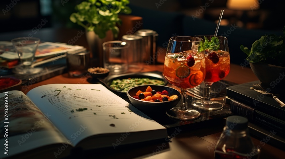 Table Topped With Book and Glasses Filled With Drinks