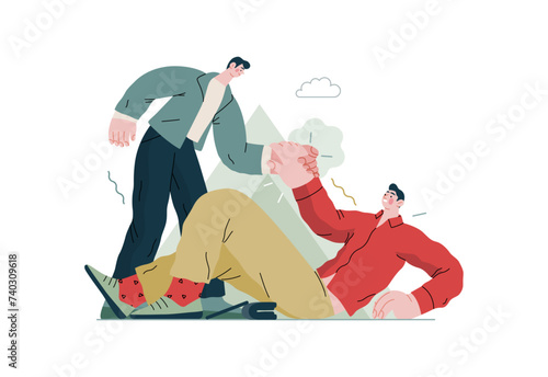 Mutual Support: Helping a fallen person get up -modern flat vector concept illustration of man assisting another man to stand up A metaphor of voluntary, collaborative exchanges of resource, services