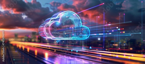 cloud computing with a speeding train on a city background Generative AI photo