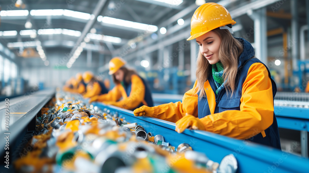 Team in protective gear sort litter on automated production line at a waste sorting plant Team in protective gear sort litter on automated production line at a waste sorting plant
