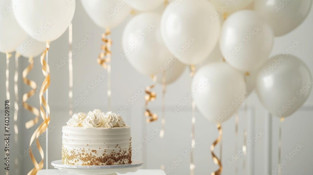 A simple yet elegant birthday background with a white and gold theme, white balloons with golden ribbons floating against a soft white backdrop - obrazy, fototapety, plakaty 