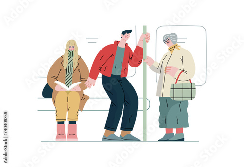 Mutual Support Giving up seat in public transport -modern flat vector concept illustration of man offering his seat to elderly woman on bus A metaphor of voluntary, collaborative exchanges of services