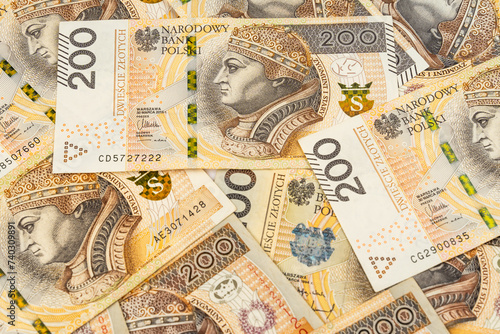 Polish zloty banknotes background. Money background made of polish 200 zloty banknotes.