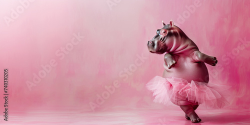 Hippo in Ballerina Skirt Dancing on Pink Background Banner with Copy Space