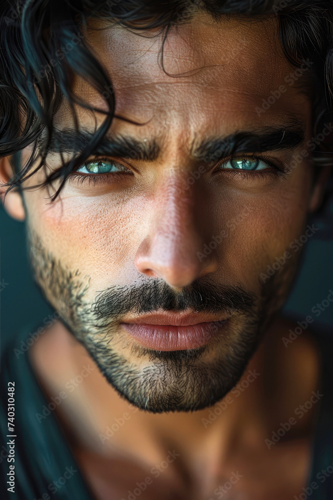 Fototapeta premium An attractive man with green eyes and trendy hairstyle is posing looking at a camera