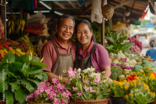 Senior Couple Running a Flower Stall at Market. Cheerful senior couple proudly displaying their colorful flower collection at a bustling local market stall. © GustavsMD