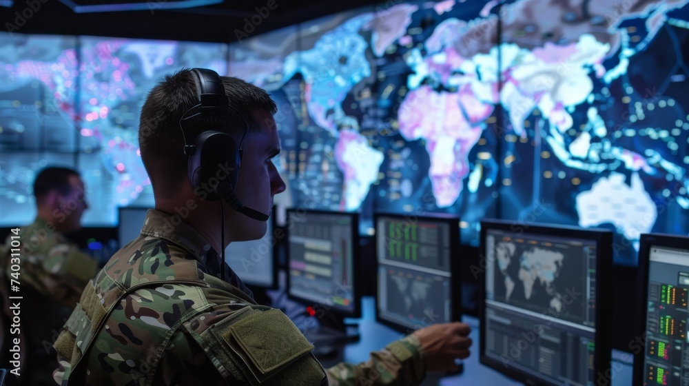 A stoic soldier navigates a digital battlefield, his determined face lit by the glow of multiple screens as he broadcasts the news to a nation in turmoil A stoic soldier navigates a digital battlefield, his determined face lit by the glow of multiple screens as he broadcasts the news to a nation in turmoil