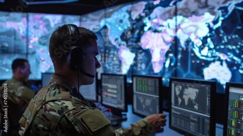 A stoic soldier navigates a digital battlefield, his determined face lit by the glow of multiple screens as he broadcasts the news to a nation in turmoil