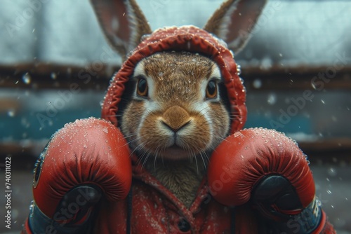 A cowardly rabbit in boxing gloves on the background of the ring. 3d illustration