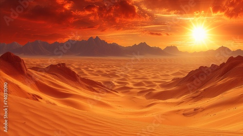 Breathtaking sunset over golden desert dunes with dramatic sky © OKAN