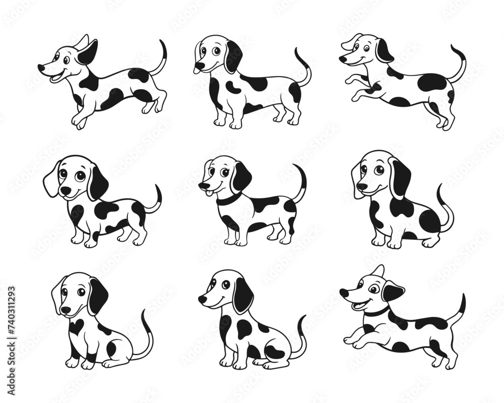 Set of various cute cartoon dachshund dogs. Dalmatian dogs on a white background. Vector illustration.