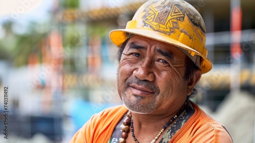 A rugged man with a weathered face dons a bright orange hard hat as he walks down the street, adding a touch of practicality and style to his outdoor fashion ensemble © ChaoticMind