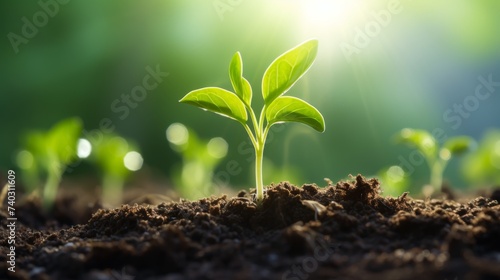 Small green plant sprouts grow after the rain In the spring, nature sunny blurred background, natural colors, copy space. Earth day concept. Generative ai