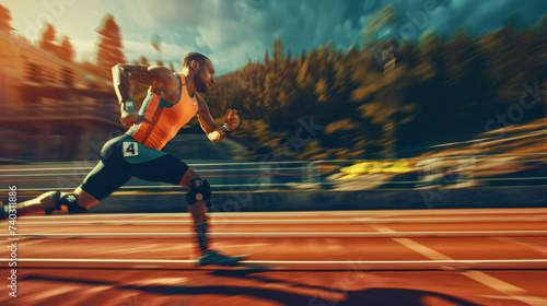 A determined runner glides across the track, his athletic footwear pounding against the pavement as he dances under the vast sky, showcasing his sporty clothing and unwavering passion for the outdoor