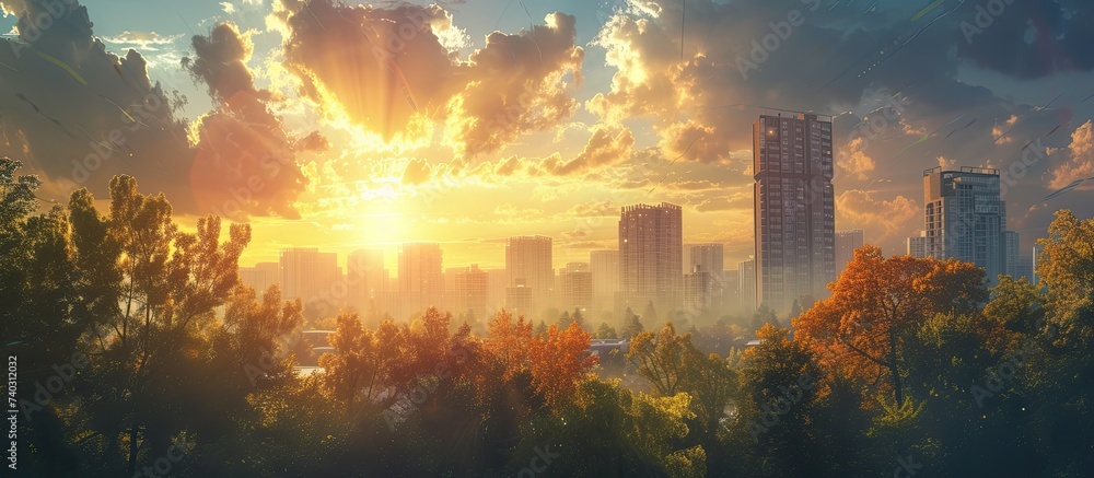 The evening sunlight pierces through the clouds, illuminating a residential area surrounded by the silhouettes of trees and towering buildings.