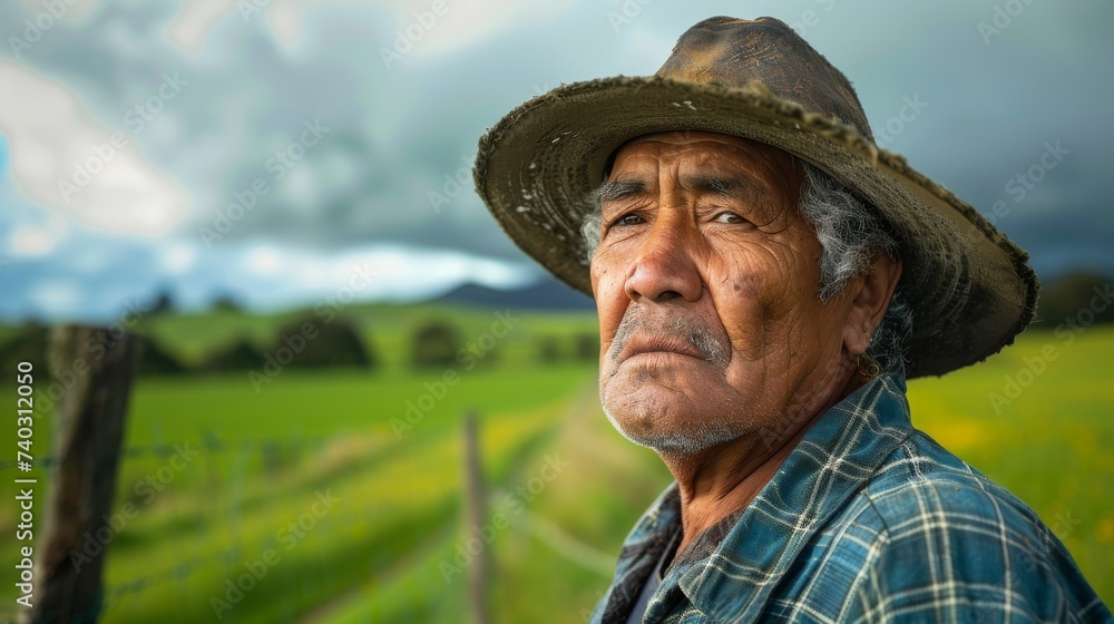 A rugged cowboy with a weathered face and a fashionable sun hat stands in a vast outdoor landscape, his gaze fixed on the cloudy sky above