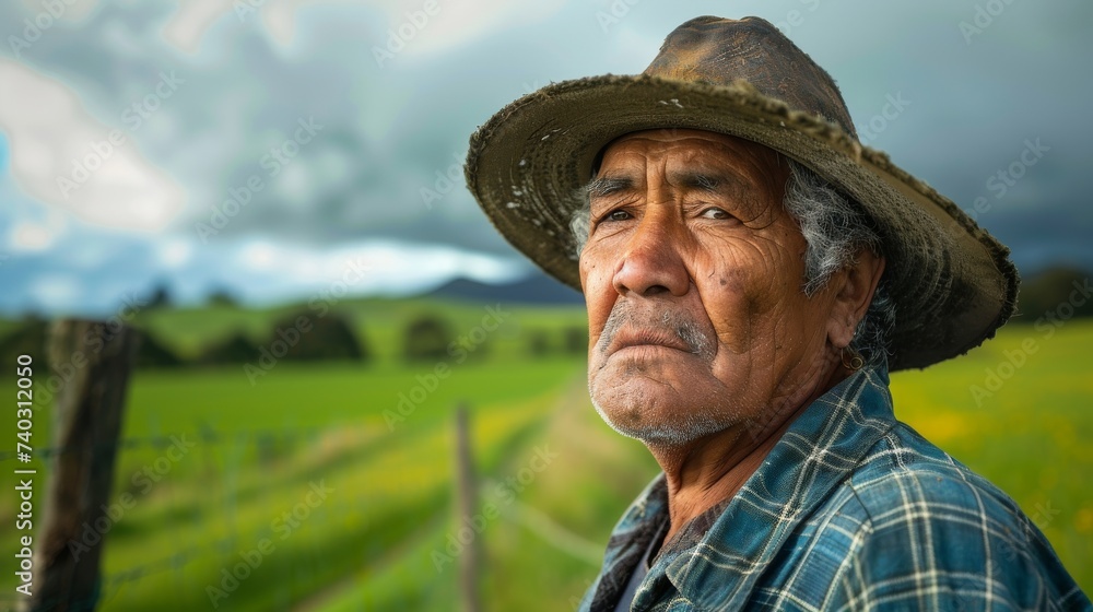 Fototapeta premium A rugged cowboy with a weathered face and a fashionable sun hat stands in a vast outdoor landscape, his gaze fixed on the cloudy sky above