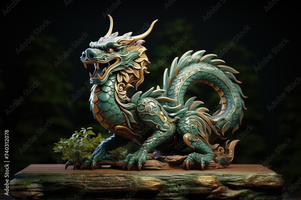 Fototapeta premium Statue of a dragon perched atop a sturdy wooden table