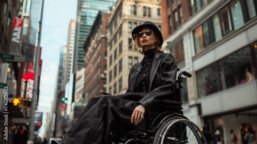 A determined woman in a wheelchair navigates the city streets, her stylish jacket and fierce expression a testament to her resilience and strength © ChaoticMind