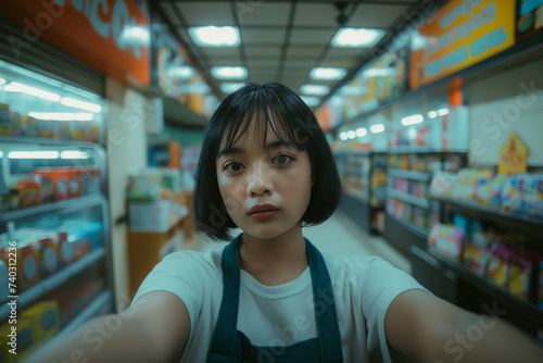 young woman with bobbed hair taking a selfie in a brightly lit convenience store aisle.