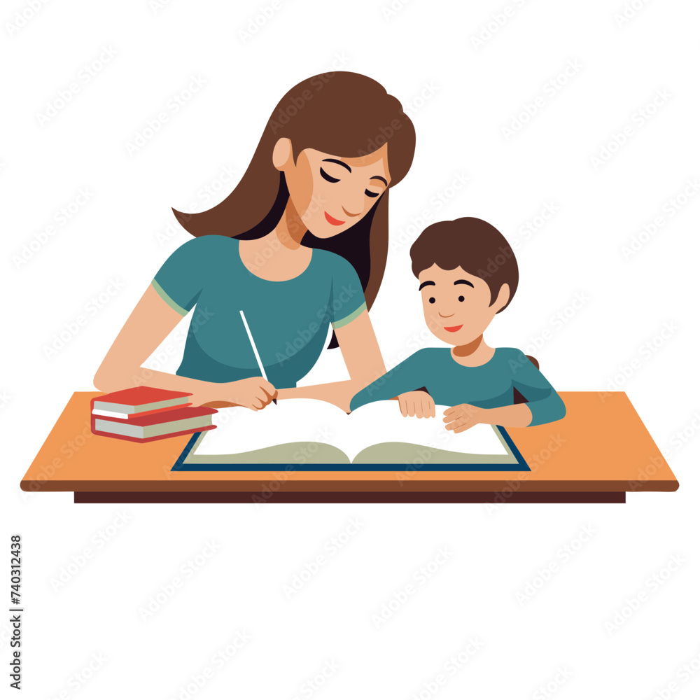 woman mother with a kid doing homework vector illustration isolated transparent background logo, cut out or cutout t-shirt print design woman mother with a kid doing homework vector illustration isolated transparent background logo, cut out or cutout t-shirt print design