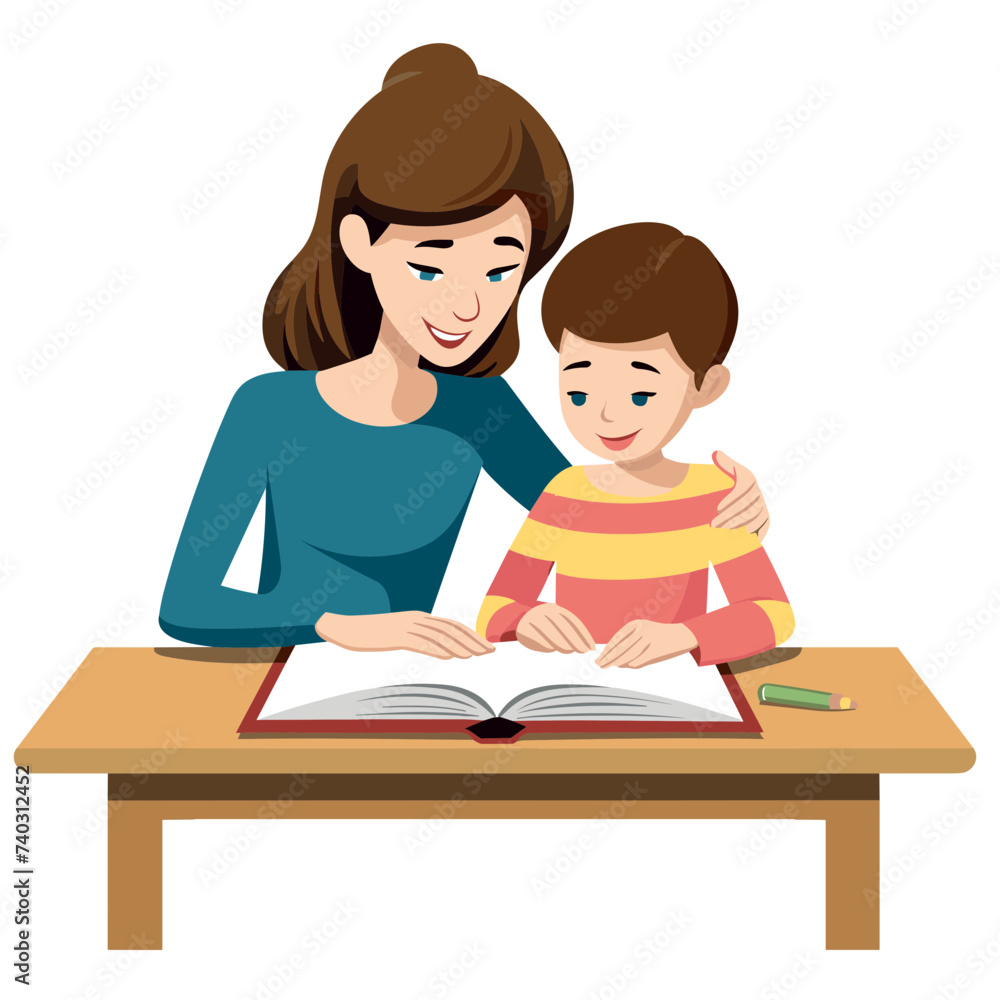 woman mother with a kid doing homework vector illustration isolated transparent background logo, cut out or cutout t-shirt print design woman mother with a kid doing homework vector illustration isolated transparent background logo, cut out or cutout t-shirt print design