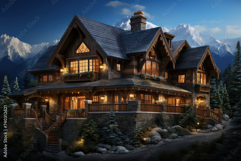 Obraz premium Grand house adorned with numerous windows and lights shining brightly, illuminating the facade with a warm glow