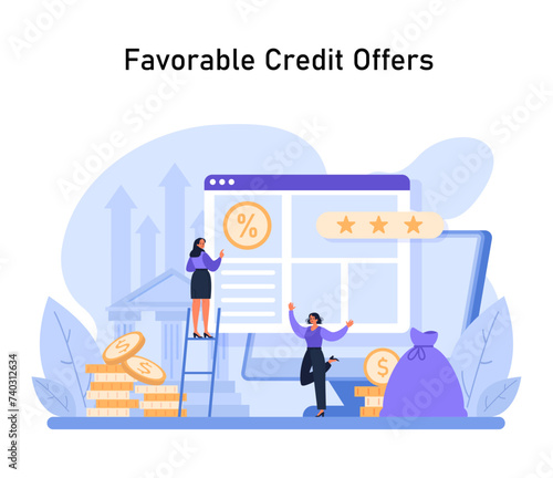 An optimistic depiction of obtaining advantageous credit terms, symbolized by a user reviewing offers and financial growth