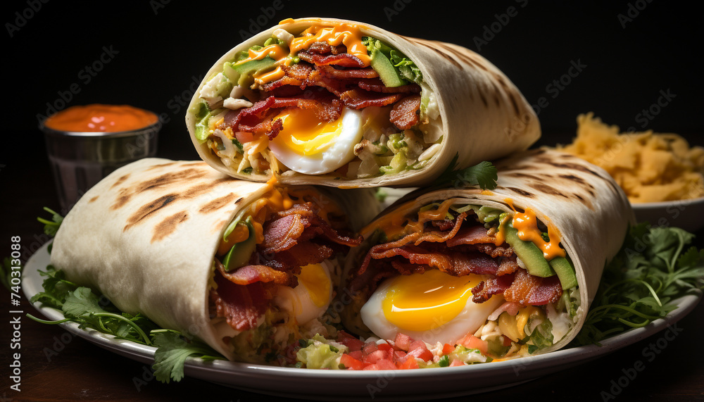 A delicious homemade beef taco with fresh guacamole and cilantro generated by AI A delicious homemade beef taco with fresh guacamole and cilantro generated by AI