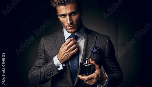businessman adjusting tie while holding a luxury perfume in a dark setting.