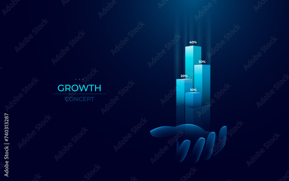 Abstract digital human hand holding 3D light blue growth graph chart ...