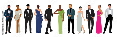 Set of different multiracial people wearing fashionable clothes for evening event, cocktail or party. Men in tuxedo, women in gowns. Realistic vector illustration isolated on white background.