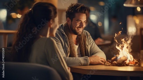 A Man and a Woman Sitting at a Table Talking