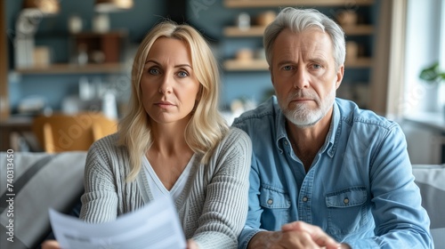 Mature couple with documents feeling concerned at home photo