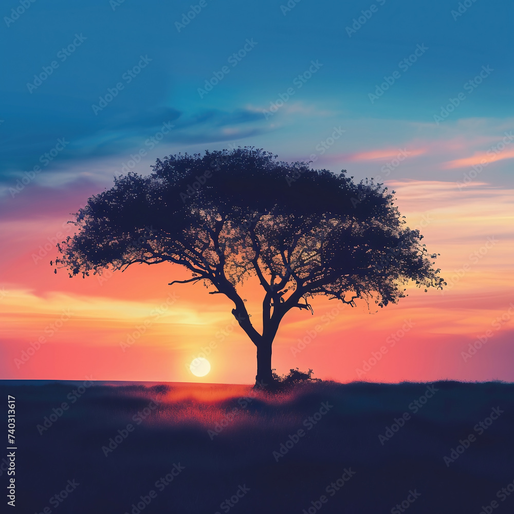 African savannah at sunset with acacia tree. Vector illustration. African savannah at sunset with acacia tree. Vector illustration.
