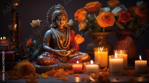 Buddha Statue Surrounded by Candles and Flowers