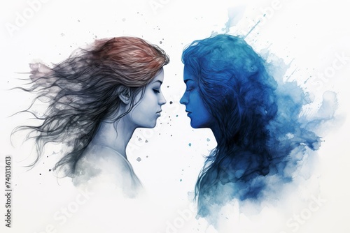 Astrology zodiac sign gemini symbol in blue color illuminated on white background