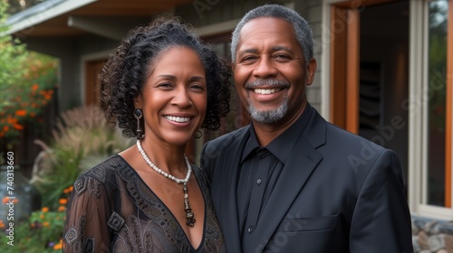 Elegant middle-aged couple smiling in front of home
