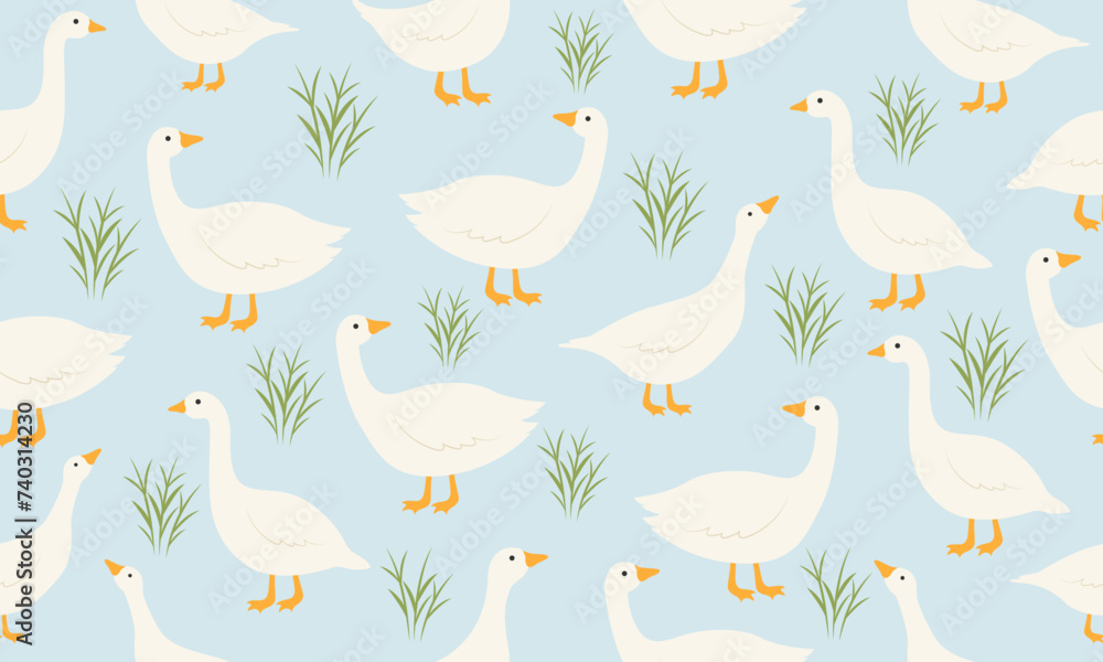 Seamless pattern with cute white goose and grass. Vector illustration Seamless pattern with cute white goose and grass. Vector illustration