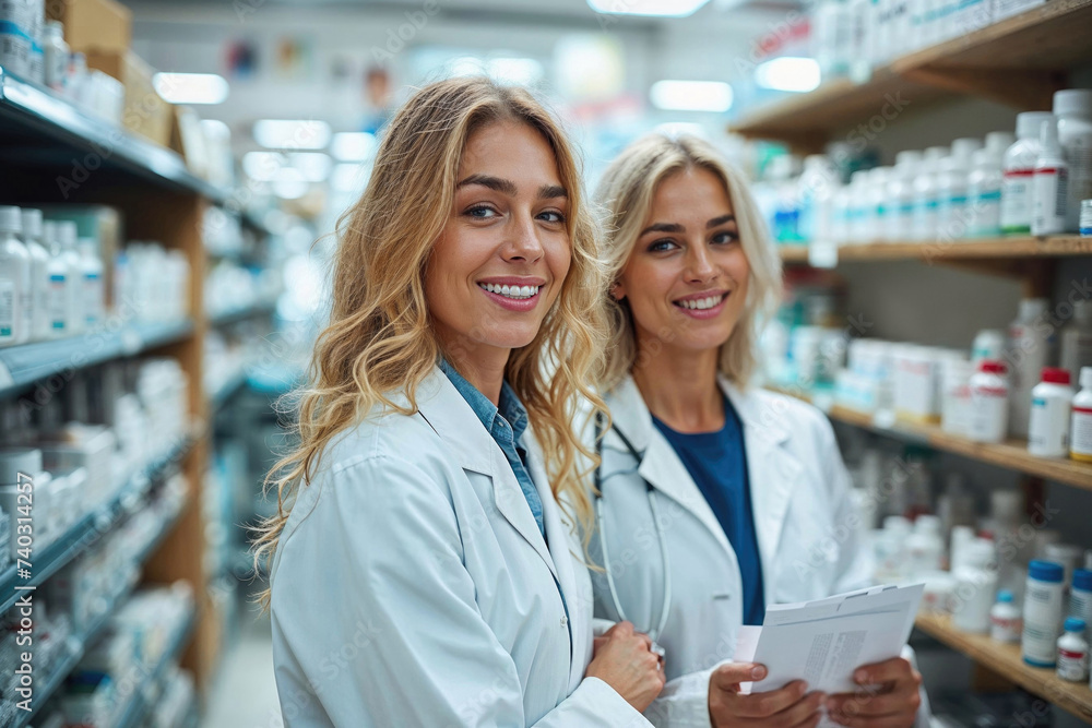 Pharmacists reviewing medication details in a drugstore Pharmacists reviewing medication details in a drugstore