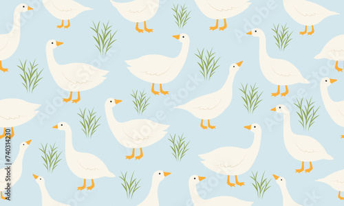 Seamless pattern with cute white goose and grass. Vector illustration