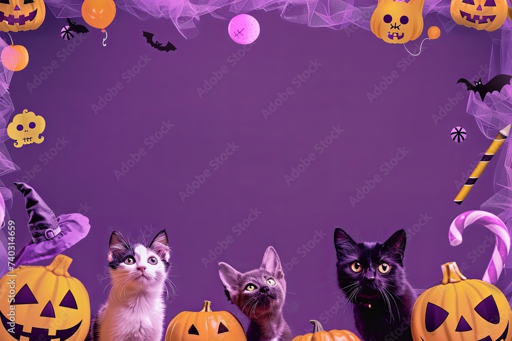 Halloween frame with cats border, in the style of light maroon and violet, minimalist backgrounds, animated gifs, contemporary candy-coated, unicorncore, caricature faces, wallpaper. Halloween frame with cats border, in the style of light maroon and violet, minimalist backgrounds, animated gifs, contemporary candy-coated, unicorncore, caricature faces, wallpaper.