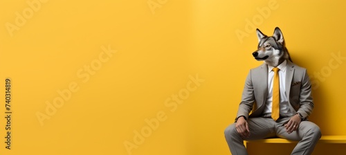 Anthropomorphic wolf in business suit at corporate office, studio shot on plain wall with text space