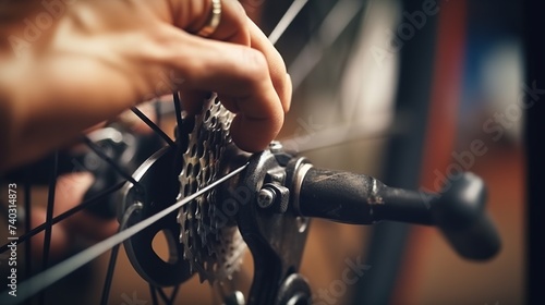 close up of a mechanic's hand repairing a bicycle in a bicycle repair shop.