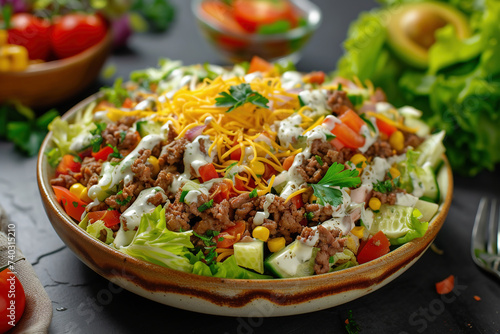 Mexican salad with beef, corn, lettuce, tomatoes and cheese photo