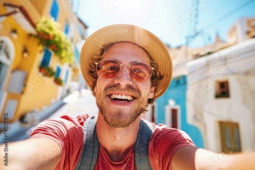 A happy guy is taking selfi...
