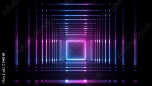 Fototapeta Naklejka Na Ścianę i Meble -  3d render, abstract background with square neon shape inside the square box, simple virtual tunnel