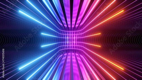 3d render. Abstract colorful neon background. Rounded lines, glowing with red pink blue light, backdrop of metal strips. Ultraviolet spectrum. Cyber space